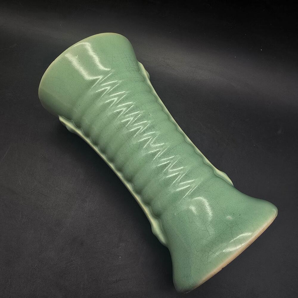 Brush Pottery Ribbed Teal Vase Vintage USA Ceramic